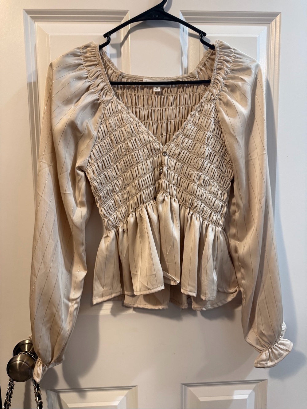 mine Beige Smocked V-Neck Peplum Blouse